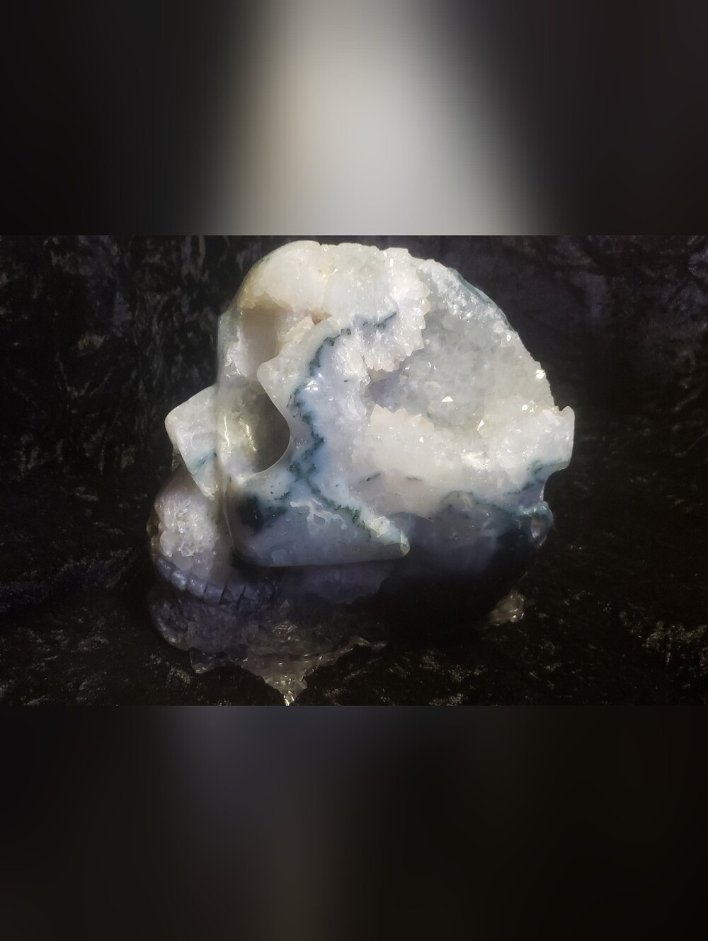 Natural Moss Agate Geode Display Piece - White and Green Crystal Skull